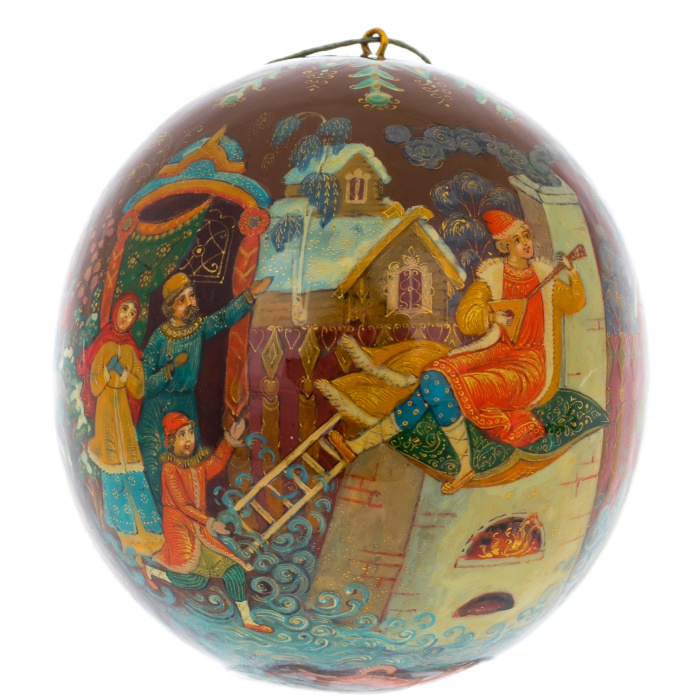 Шар ёлочный деревянный "Русские сказки. Емеля" Кузьменко, Палех