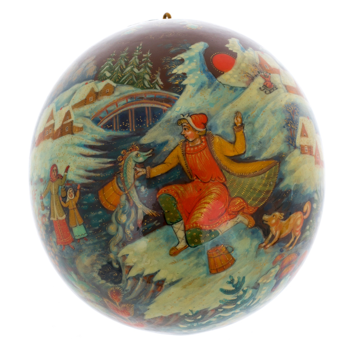 Шар ёлочный деревянный "Русские сказки. Емеля" Кузьменко, Палех