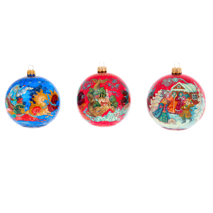 Набор стеклянных елочных шаров "Зимние забавы" 3 шт, Палех