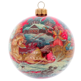 Шар ёлочный из стекла "Зимняя деревня" Палех