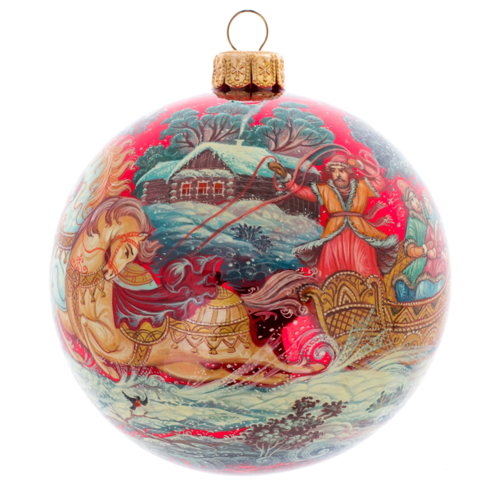 Шар ёлочный из стекла "Зимняя деревня" Палех