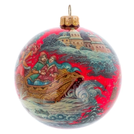 Шар ёлочный из стекла "Зимняя деревня" Палех
