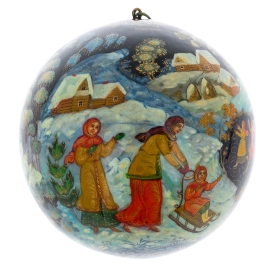 Шар ёлочный деревянный "Зимние забавы" Кузьменко, Палех