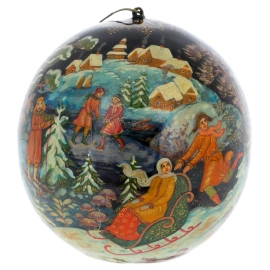 Шар ёлочный деревянный "Зимние забавы" Кузьменко, Палех