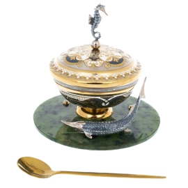 Икорница "Морской конек" на подставке из нефрита, Златоуст