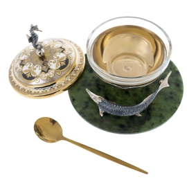 Икорница "Морской конек" на подставке из нефрита, Златоуст