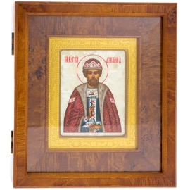 Икона на натуральном перламутре "Дмитрий Донской" в золотой раме и киоте