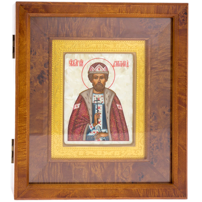 The icon on natural mother-of-pearl "Dmitry Donskoy" in a gold frame and a kiosk