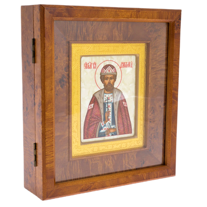 The icon on natural mother-of-pearl "Dmitry Donskoy" in a gold frame and a kiosk