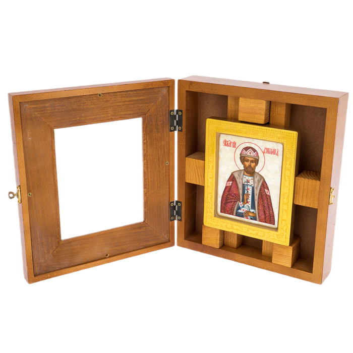 The icon on natural mother-of-pearl "Dmitry Donskoy" in a gold frame and a kiosk