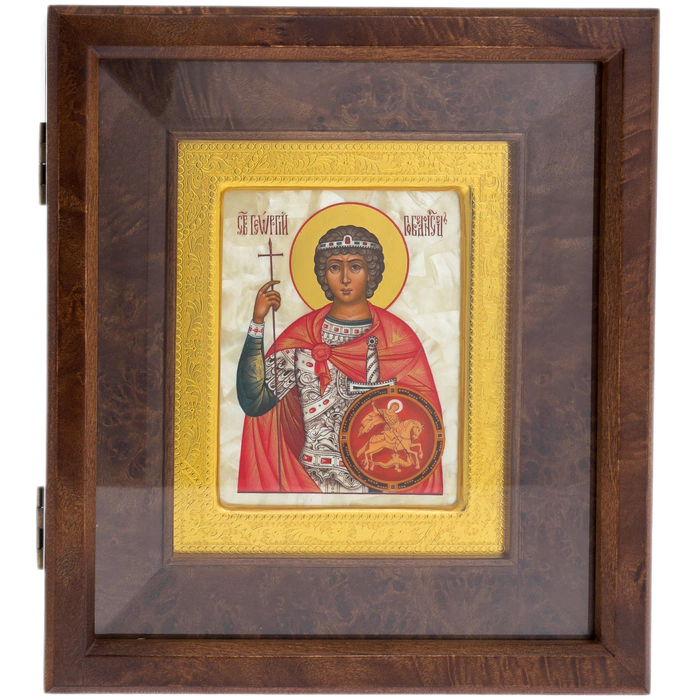 The icon on natural mother-of-pearl "George the Victorious" in a gold frame and a kiosk