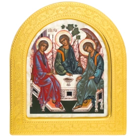 Икона на натуральном перламутре "Святая Троица" в золотой раме