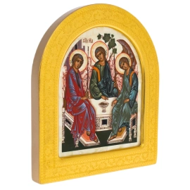 Икона на натуральном перламутре "Святая Троица" в золотой раме