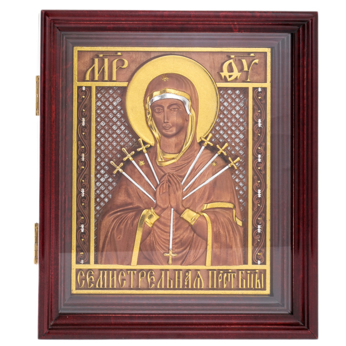 Икона из березы "Божьей Матери Семистрельная" в киоте
