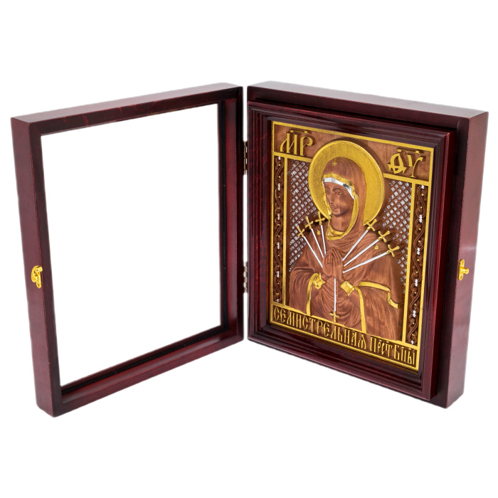 Икона из березы "Божьей Матери Семистрельная" в киоте