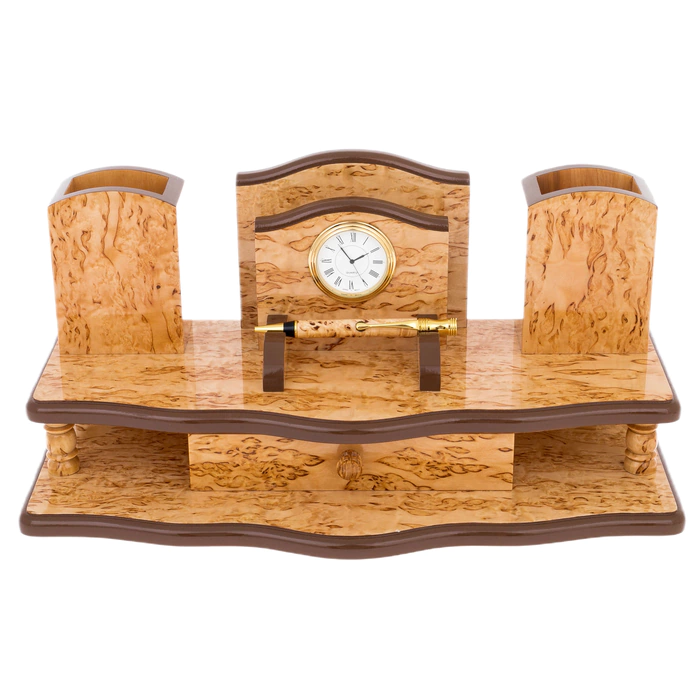 Two-tier writing device with a drawer (Karelian birch)