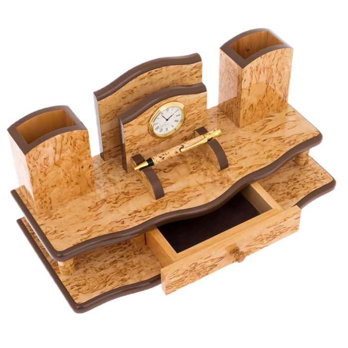 Прибор письменный двухъярусный с ящиком, карельская береза