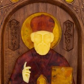 Икона из бука и янтаря "Николай Чудотворец" большая