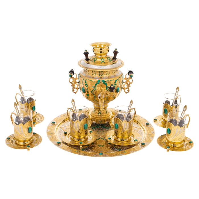 Tea set "Tea party" with malachite, for 6 persons, 20 items, Zlatoust