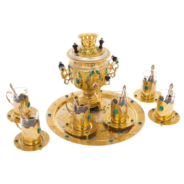 Tea set "Tea party" with malachite, for 6 persons, 20 items, Zlatoust