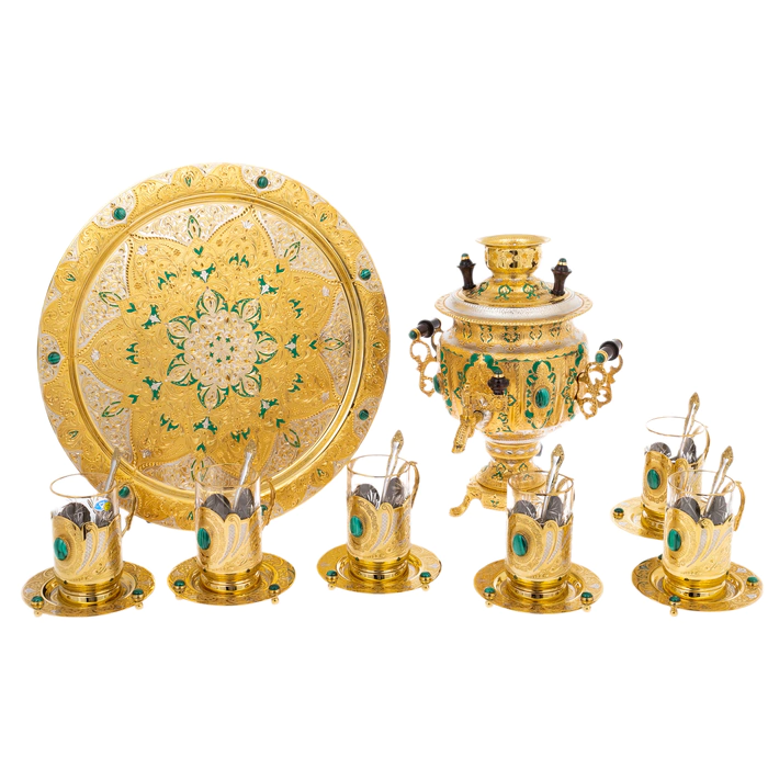 Tea set "Tea party" with malachite, for 6 persons, 20 items, Zlatoust