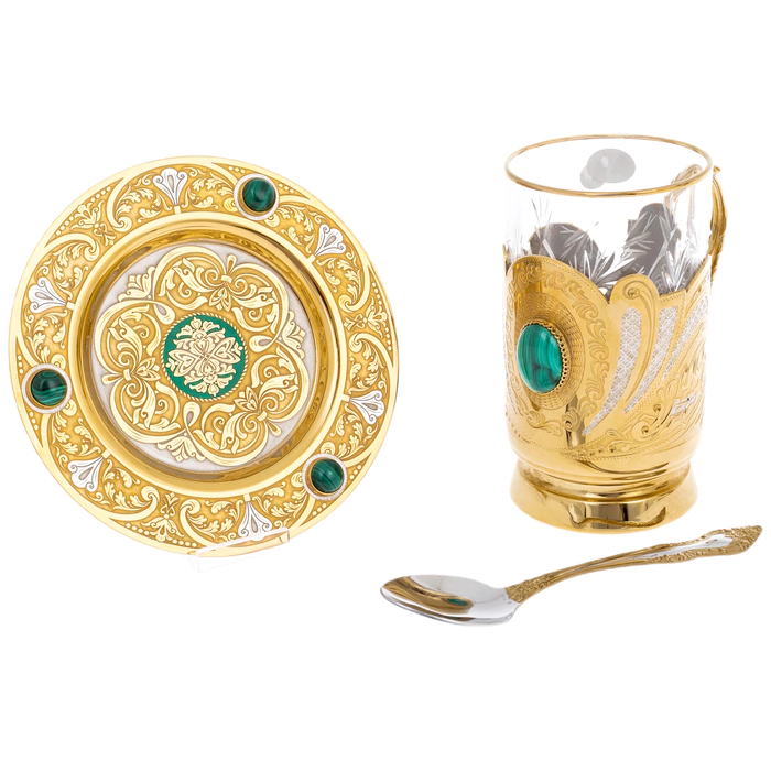 Tea set "Tea party" with malachite, for 6 persons, 20 items, Zlatoust