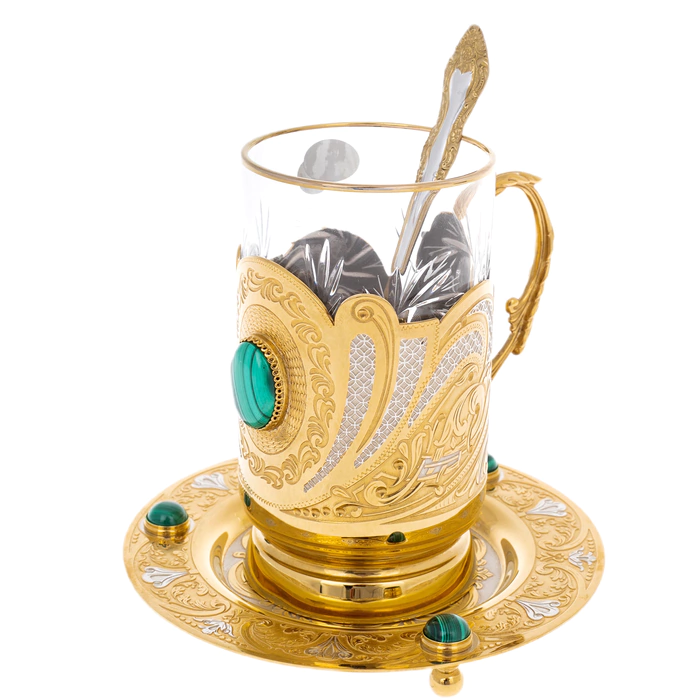 Izysk tea set with malachite, for 1 person, Zlatoust