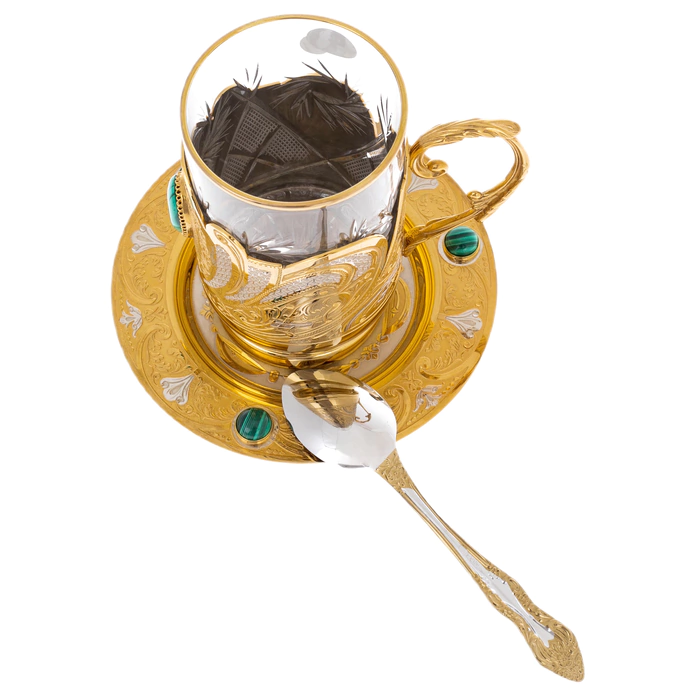 Izysk tea set with malachite, for 1 person, Zlatoust