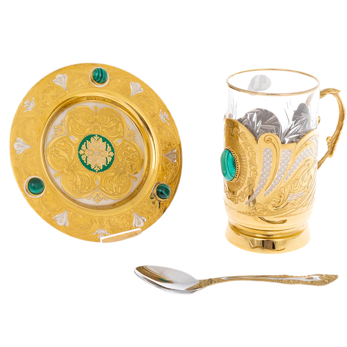 Izysk tea set with malachite, for 1 person, Zlatoust