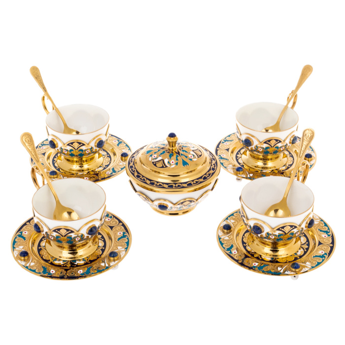 Набор чайный "Гжель" с лазуритом, на 4 персоны, Златоуст