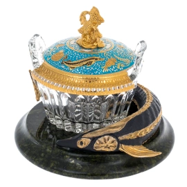 Икорница на подставке из змеевика "Осетр" Златоуст