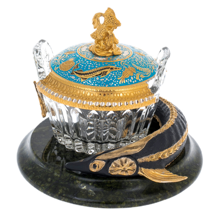 Икорница на подставке из змеевика "Осетр" Златоуст