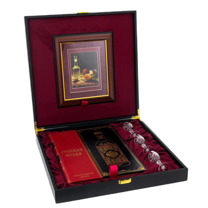 Leather-bound gift book "Russian vodka" with glasses and murals