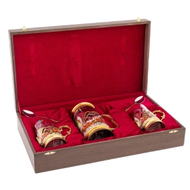 Набор подстаканников с френч-прессом "Красные лилии" на 2 персоны, Златоуст