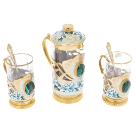 Набор подстаканников с френч-прессом "Синие лилии" на 2 персоны, Златоуст