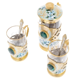 Набор подстаканников с френч-прессом "Синие лилии" на 2 персоны, Златоуст