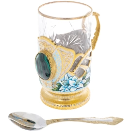 Набор подстаканников с френч-прессом "Синие лилии" на 2 персоны, Златоуст