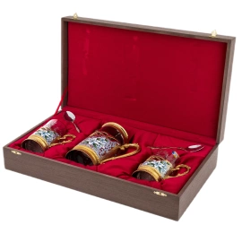 Набор подстаканников с френч-прессом "Синие лилии" на 2 персоны, Златоуст