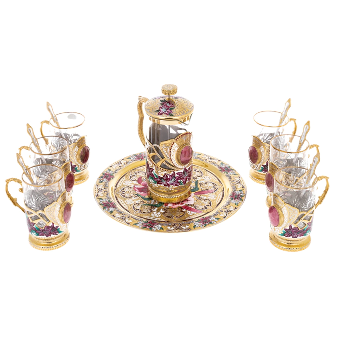 Tea set with French press "Lilies" for 6 persons, Zlatoust
