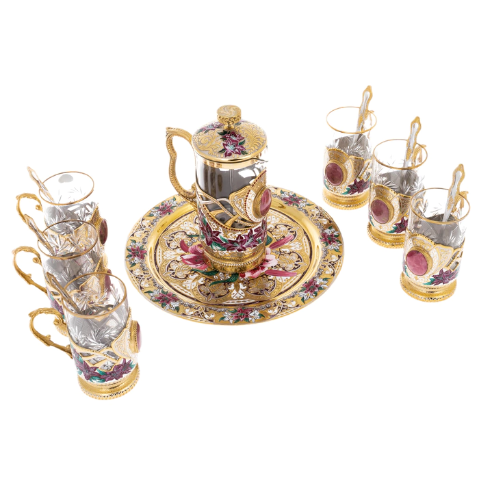 Tea set with French press "Lilies" for 6 persons, Zlatoust