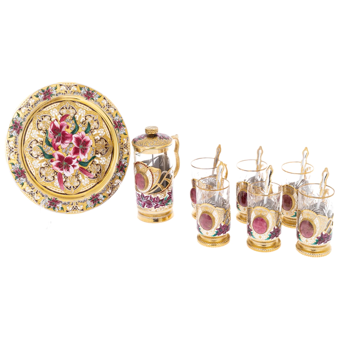 Tea set with French press "Lilies" for 6 persons, Zlatoust