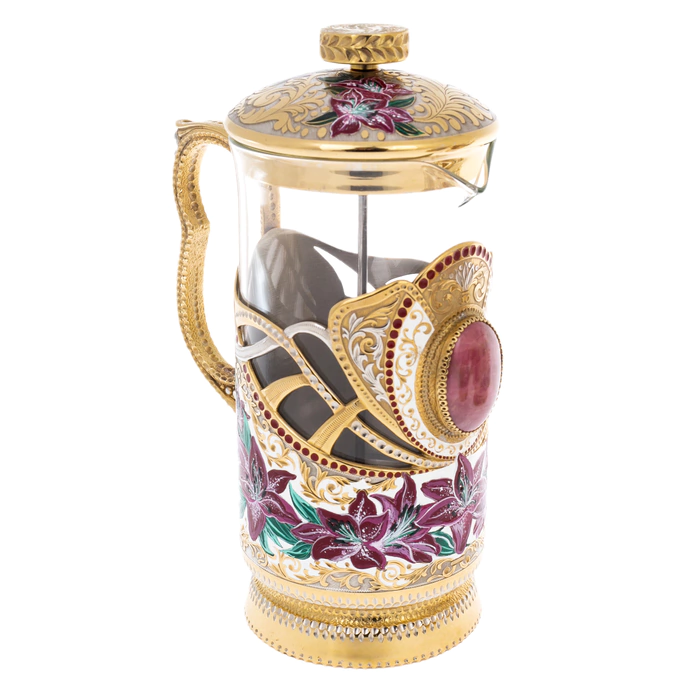 Tea set with French press "Lilies" for 6 persons, Zlatoust