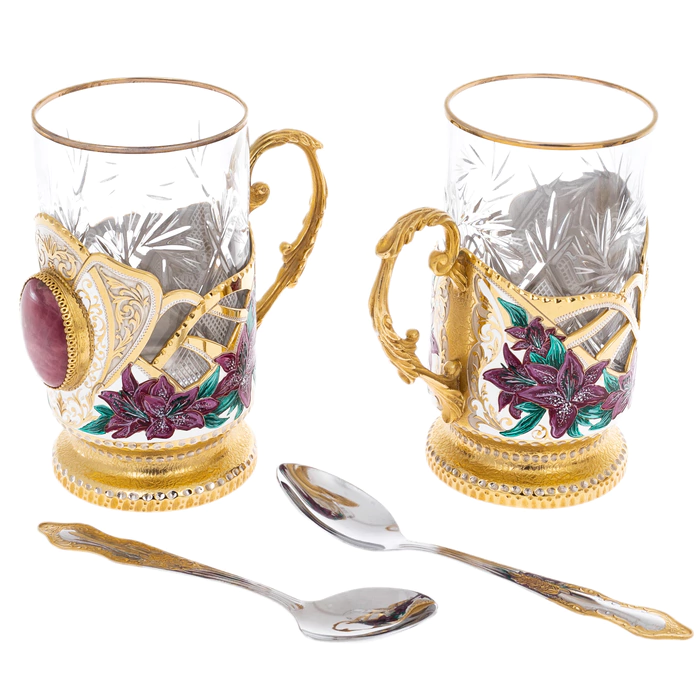 Tea set with French press "Lilies" for 6 persons, Zlatoust