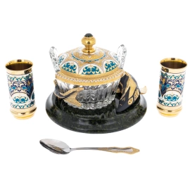 Икорница на подставке из змеевика "Осетр" на 2 персоны, Златоуст