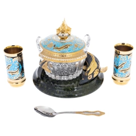 Икорница на подставке из змеевика "Осетр и золотая рыбка" на 2 персоны, Златоуст