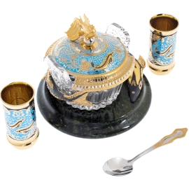 Икорница на подставке из змеевика "Осетр и золотая рыбка" на 2 персоны, Златоуст