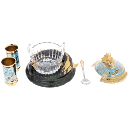 Икорница на подставке из змеевика "Осетр и золотая рыбка" на 2 персоны, Златоуст