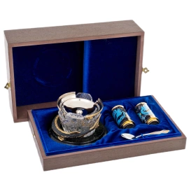 Икорница на подставке из змеевика "Осетр и золотая рыбка" на 2 персоны, Златоуст