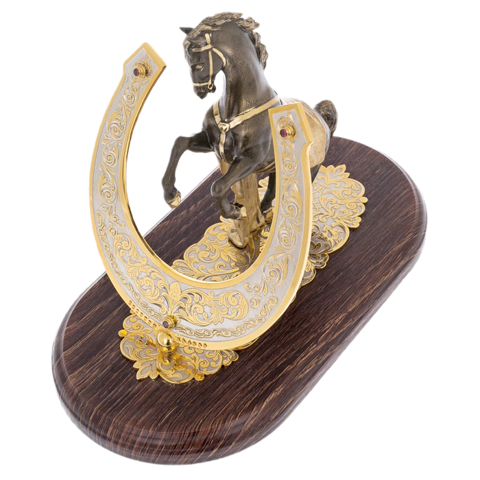 Statuette "Horse with a blanket" on a wooden stand, Zlatoust