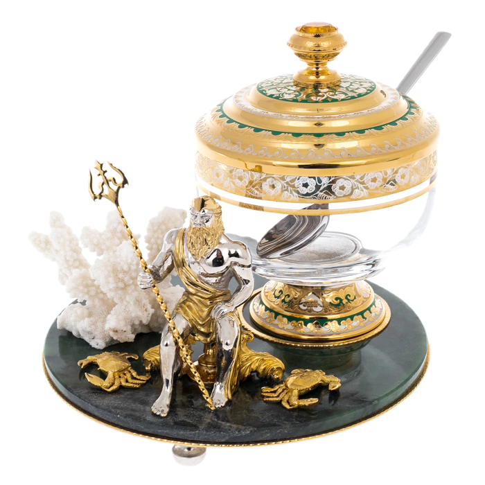 Caviar bowl with Poseidon coral on a jade stand, Zlatoust